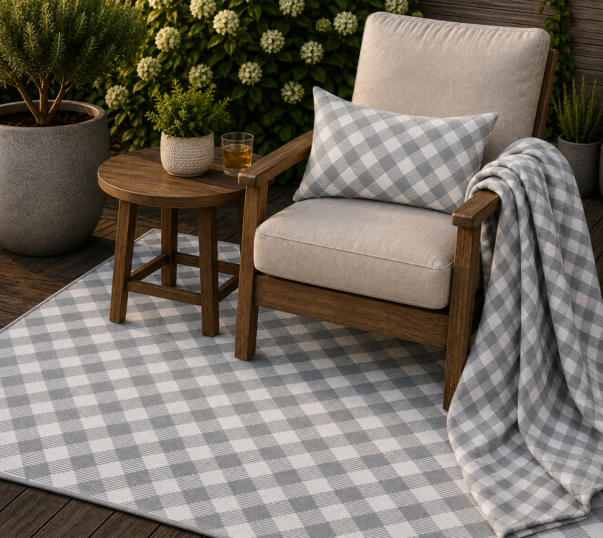 Grey diagonal gingham outdoor set — matching rug, pillow and fleece blanket