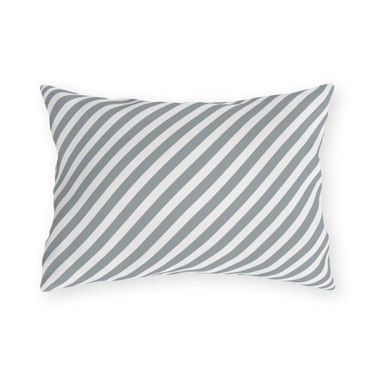 Grey diagonal stripe lumbar outdoor pillow — spun polyester, UV and water resistant