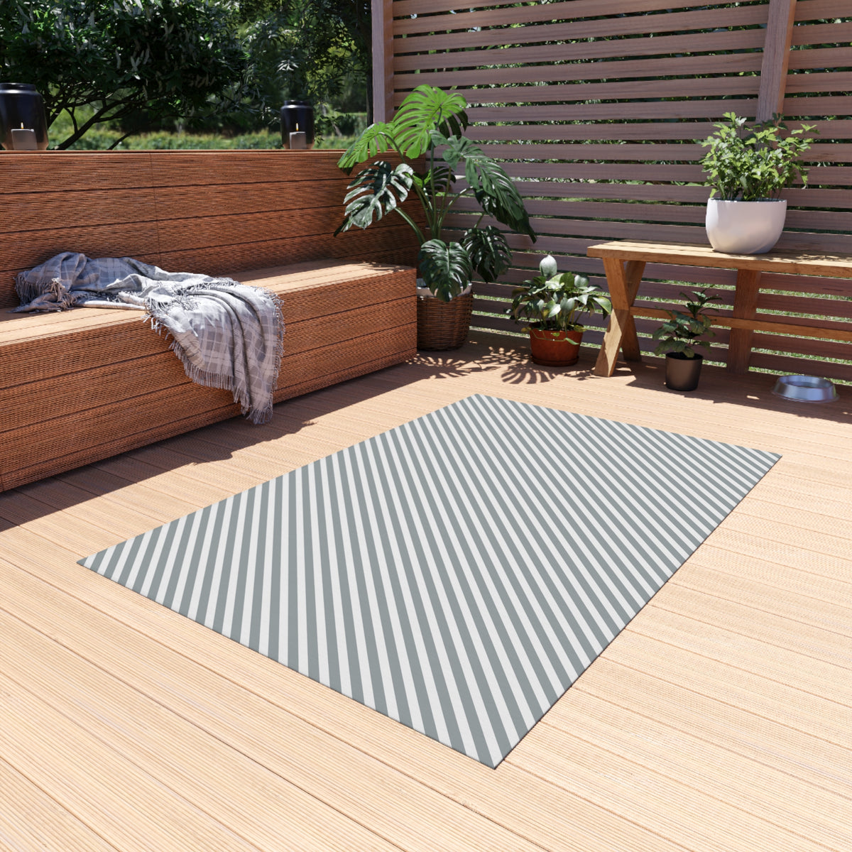 Grey diagonal stripe outdoor rug — soft polyester chenille with a non-slip backing
