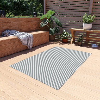 Grey diagonal stripe outdoor rug — soft polyester chenille with a non-slip backing