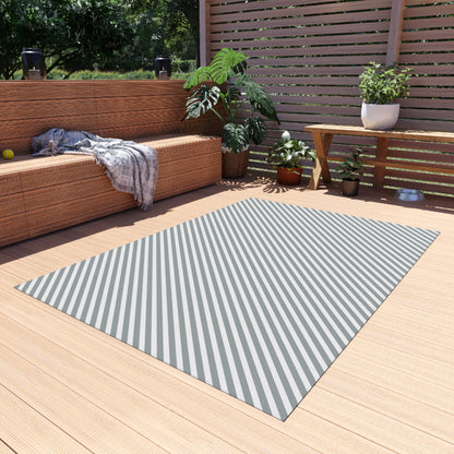 Grey diagonal stripe outdoor rug — soft polyester chenille with a non-slip backing