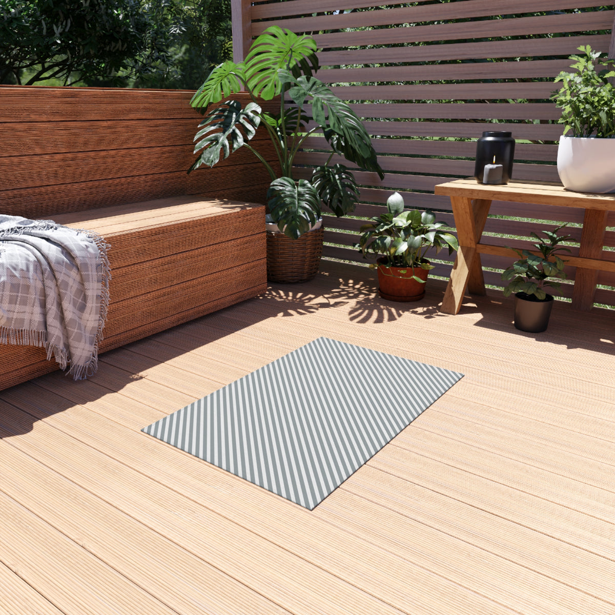 Grey diagonal stripe outdoor rug — soft polyester chenille with a non-slip backing