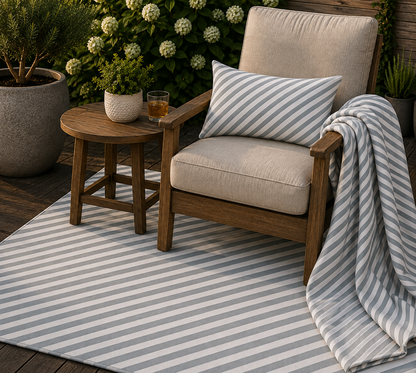 Grey diagonal stripe outdoor set — matching rug, pillow and fleece blanket