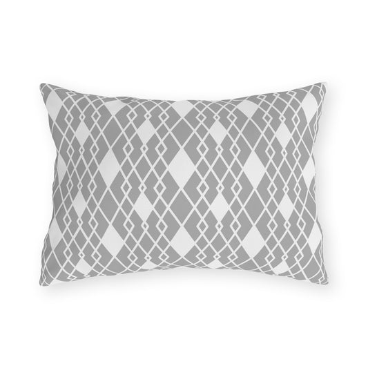 Grey diamond lattice lumbar outdoor pillow — spun polyester, UV and water resistant