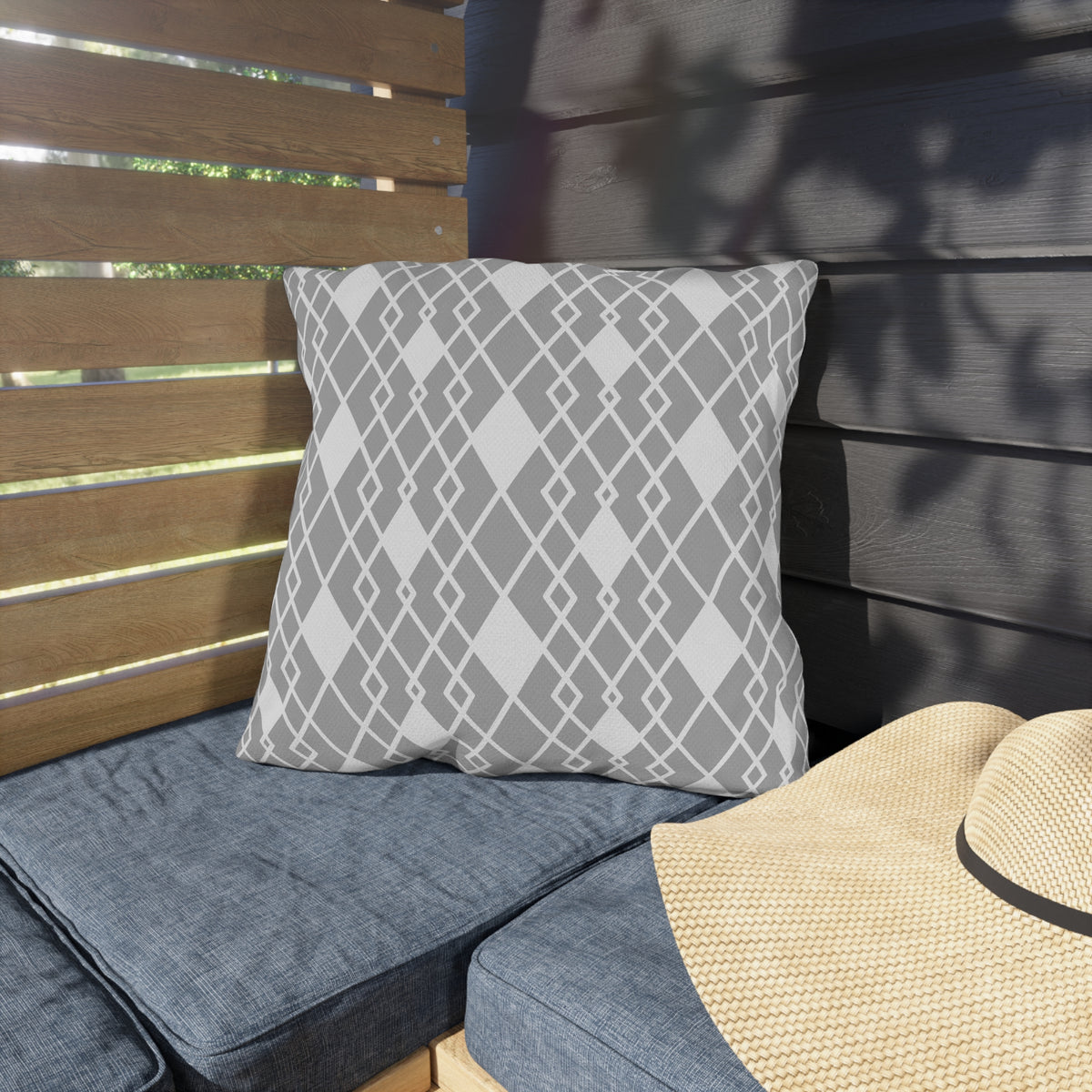 Grey diamond lattice outdoor pillow — spun polyester, UV and water resistant