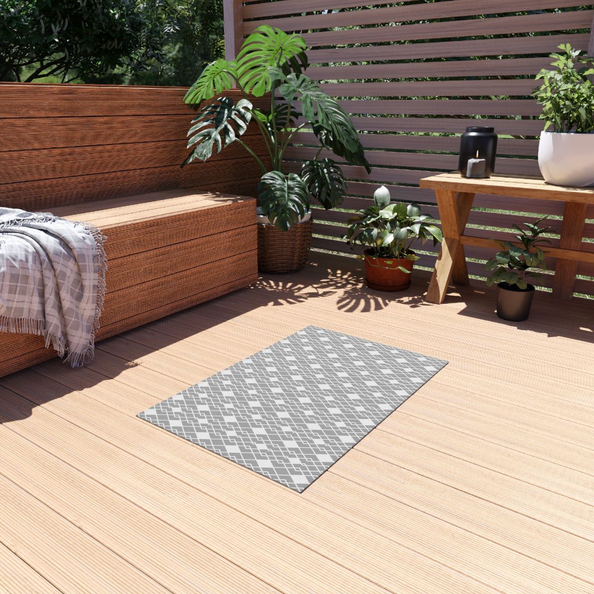 Grey diamond lattice outdoor rug — soft polyester chenille with a non-slip backing
