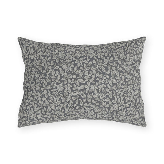Grey foliage lumbar outdoor pillow — spun polyester, UV and water resistant