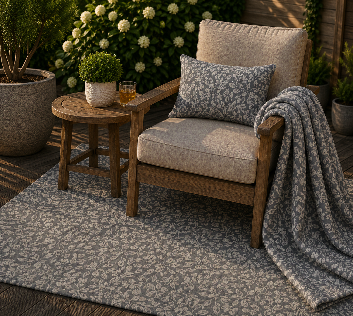 Grey foliage outdoor set — matching rug, pillow and fleece blanket