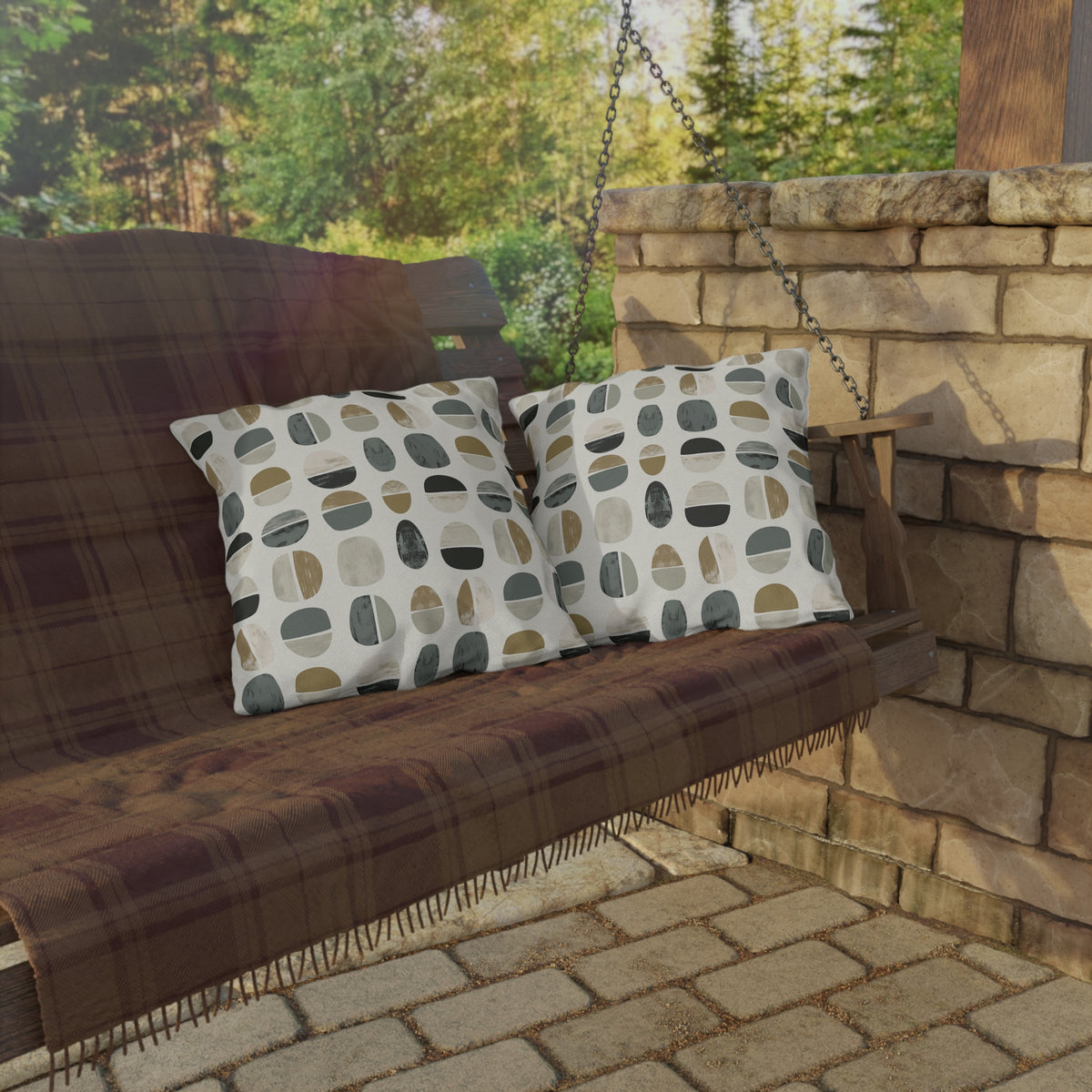 Grey split pebble outdoor pillow — spun polyester, UV and water resistant