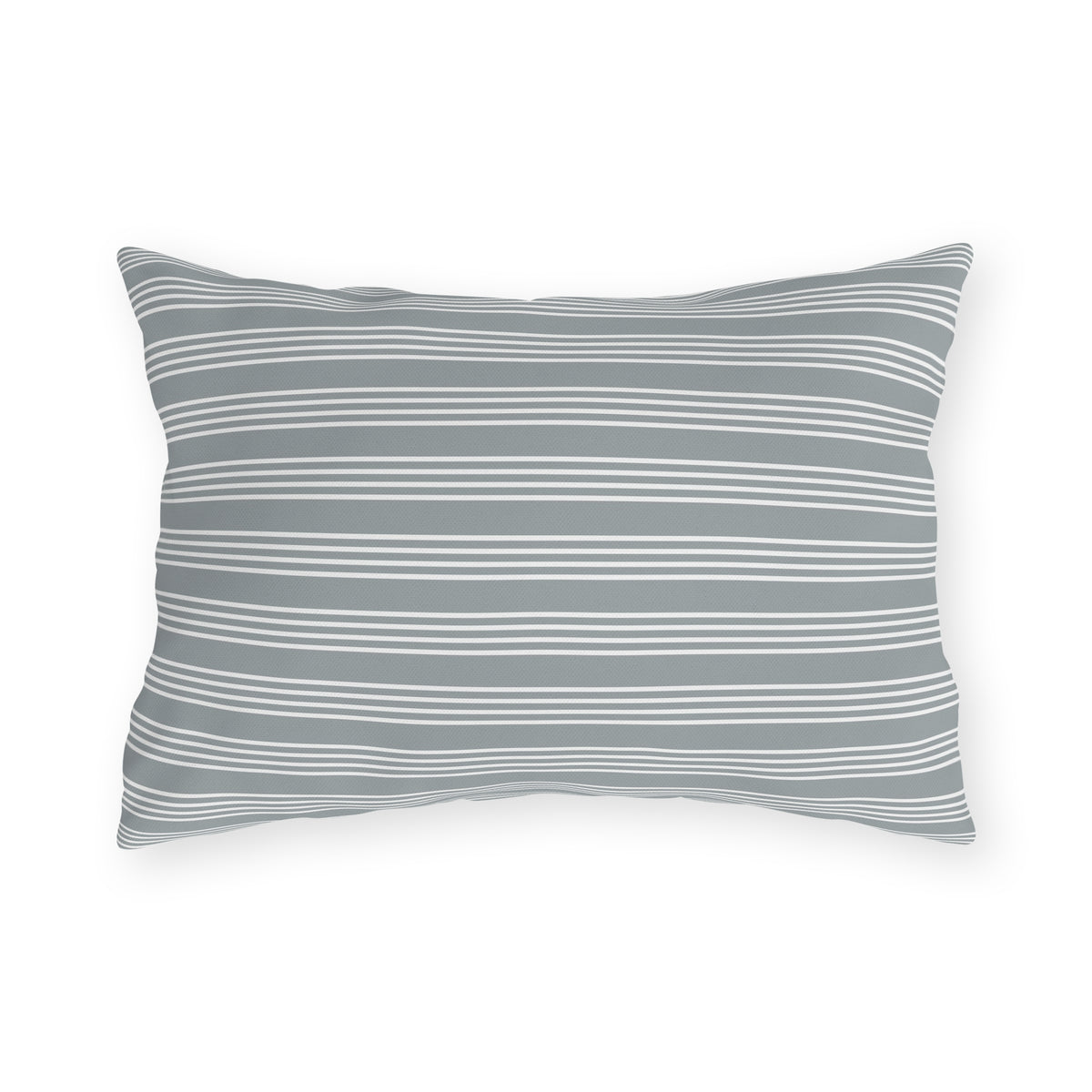 Grey ticking stripe lumbar outdoor pillow — spun polyester, UV and water resistant