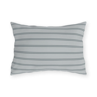 Grey ticking stripe lumbar outdoor pillow — spun polyester, UV and water resistant