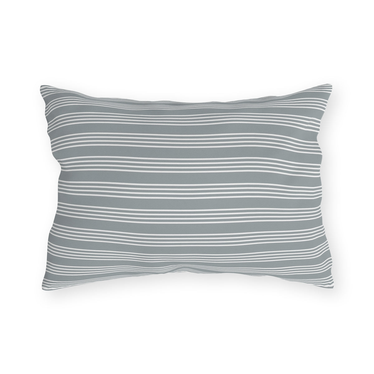 Grey ticking stripe lumbar outdoor pillow — spun polyester, UV and water resistant