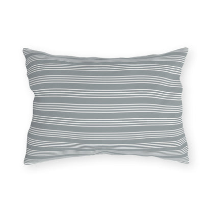 Grey ticking stripe lumbar outdoor pillow — spun polyester, UV and water resistant