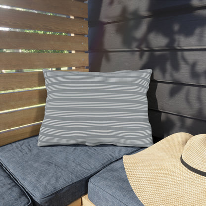 Grey ticking stripe lumbar outdoor pillow — spun polyester, UV and water resistant