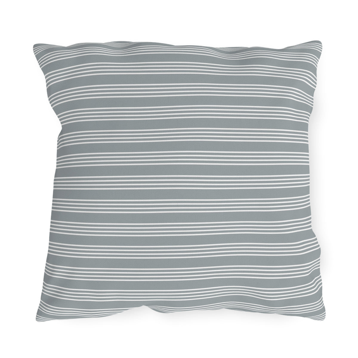 Grey ticking stripe outdoor pillow — spun polyester, UV and water resistant