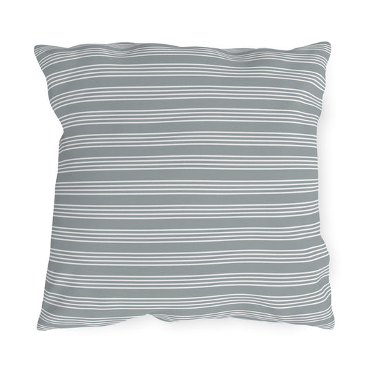 Grey ticking stripe outdoor pillow — spun polyester, UV and water resistant