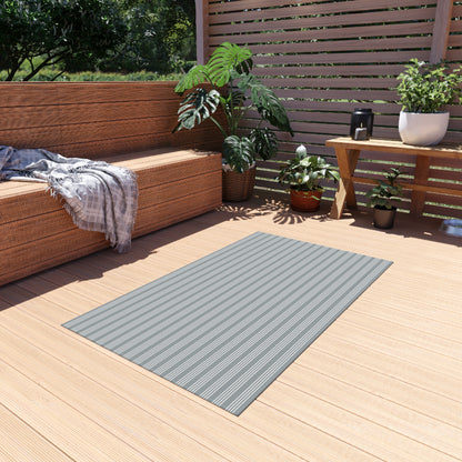 Grey ticking stripe outdoor rug — soft polyester chenille with a non-slip backing