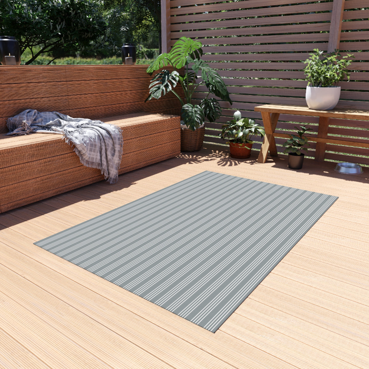 Grey ticking stripe outdoor rug — soft polyester chenille with a non-slip backing