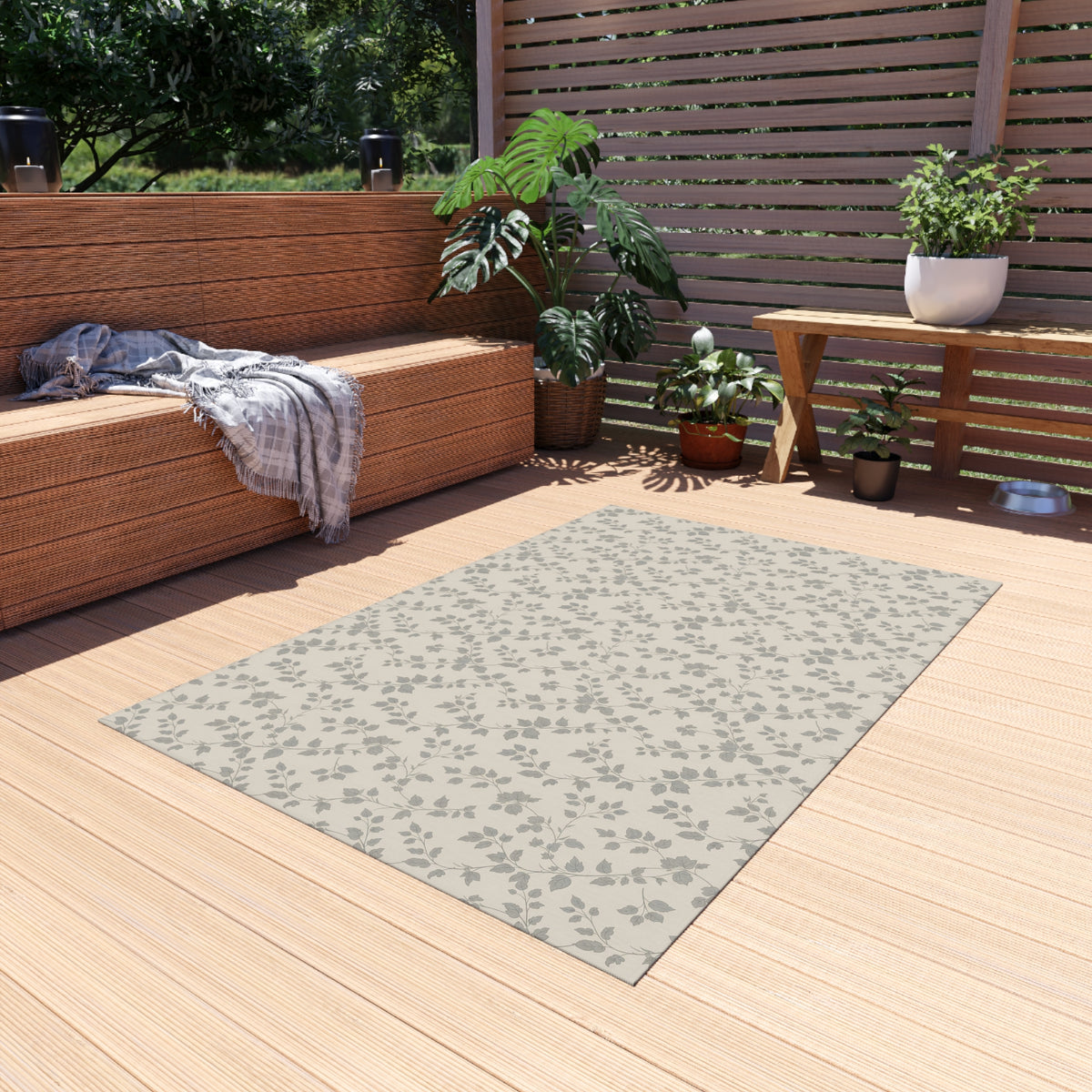 Grey trailing vine outdoor rug — soft polyester chenille with a non-slip backing