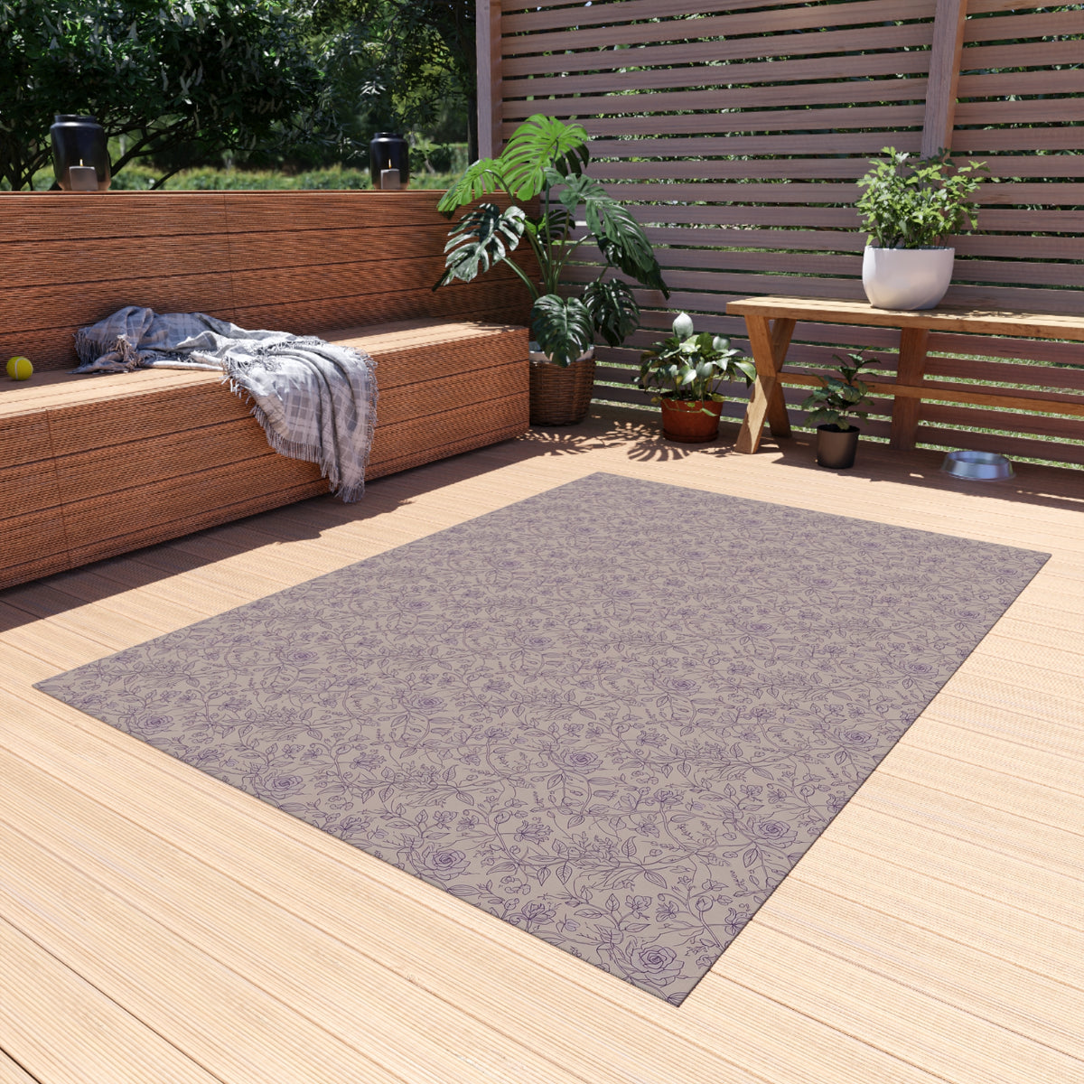 Mauve rose vine outdoor rug — soft polyester chenille with a non-slip backing