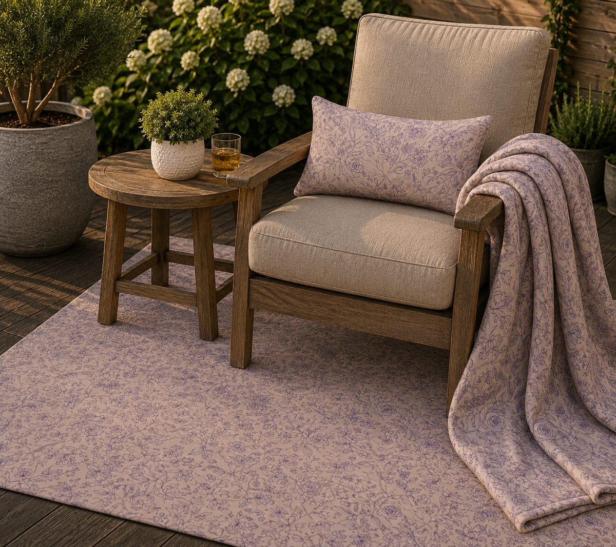 Mauve rose vine outdoor set — matching rug, pillow and fleece blanket