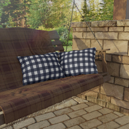 Navy and white buffalo check lumbar outdoor pillow — spun polyester, UV and water resistant