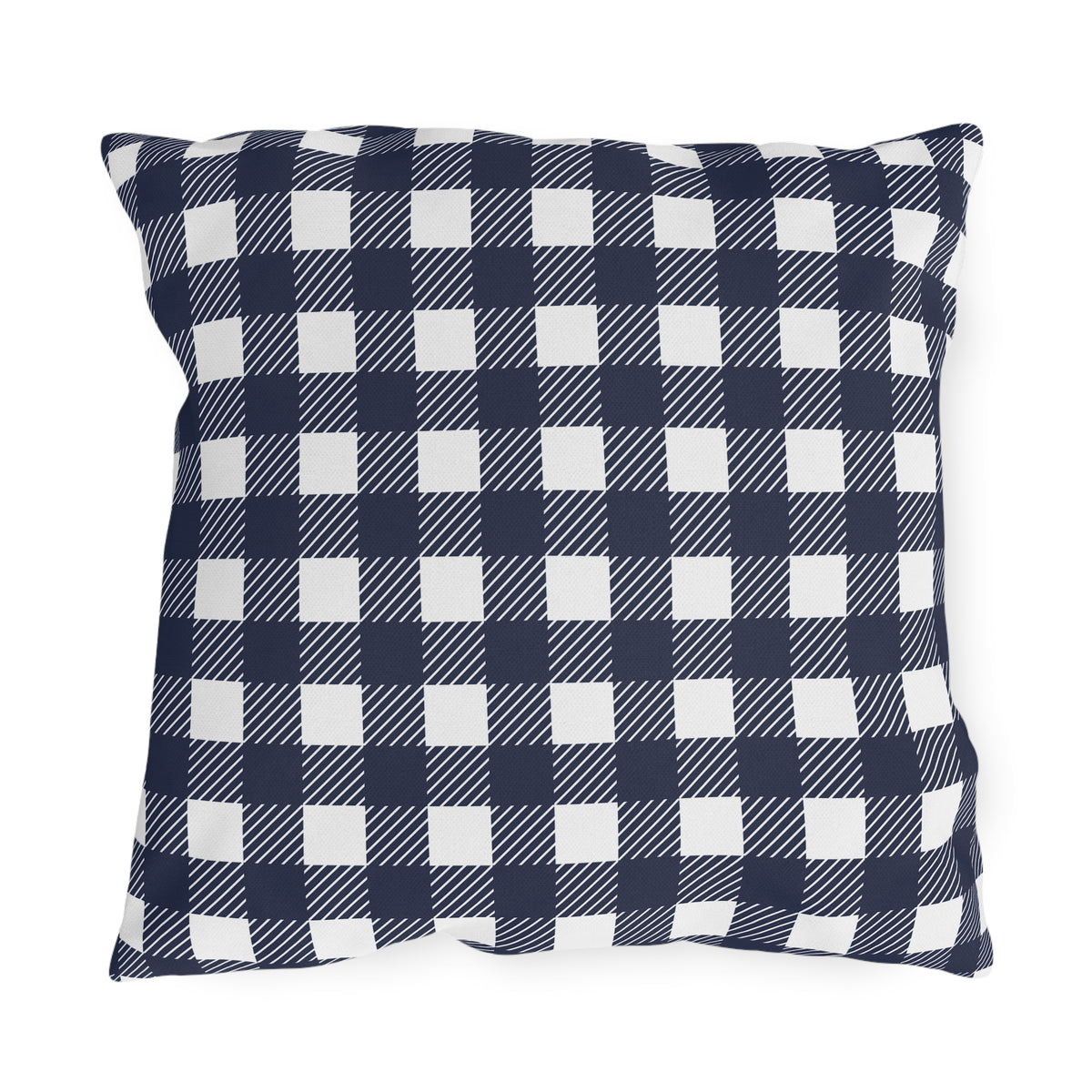 Navy and white buffalo check outdoor pillow — spun polyester, UV and water resistant