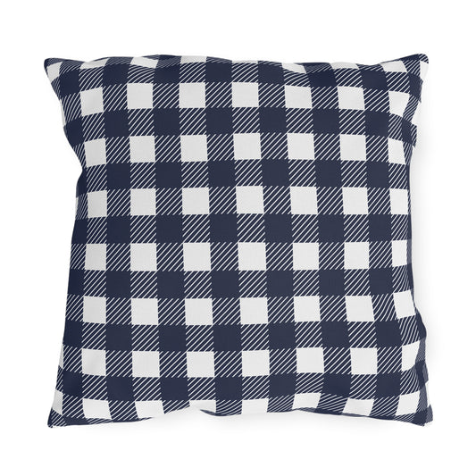 Navy and white buffalo check outdoor pillow — spun polyester, UV and water resistant