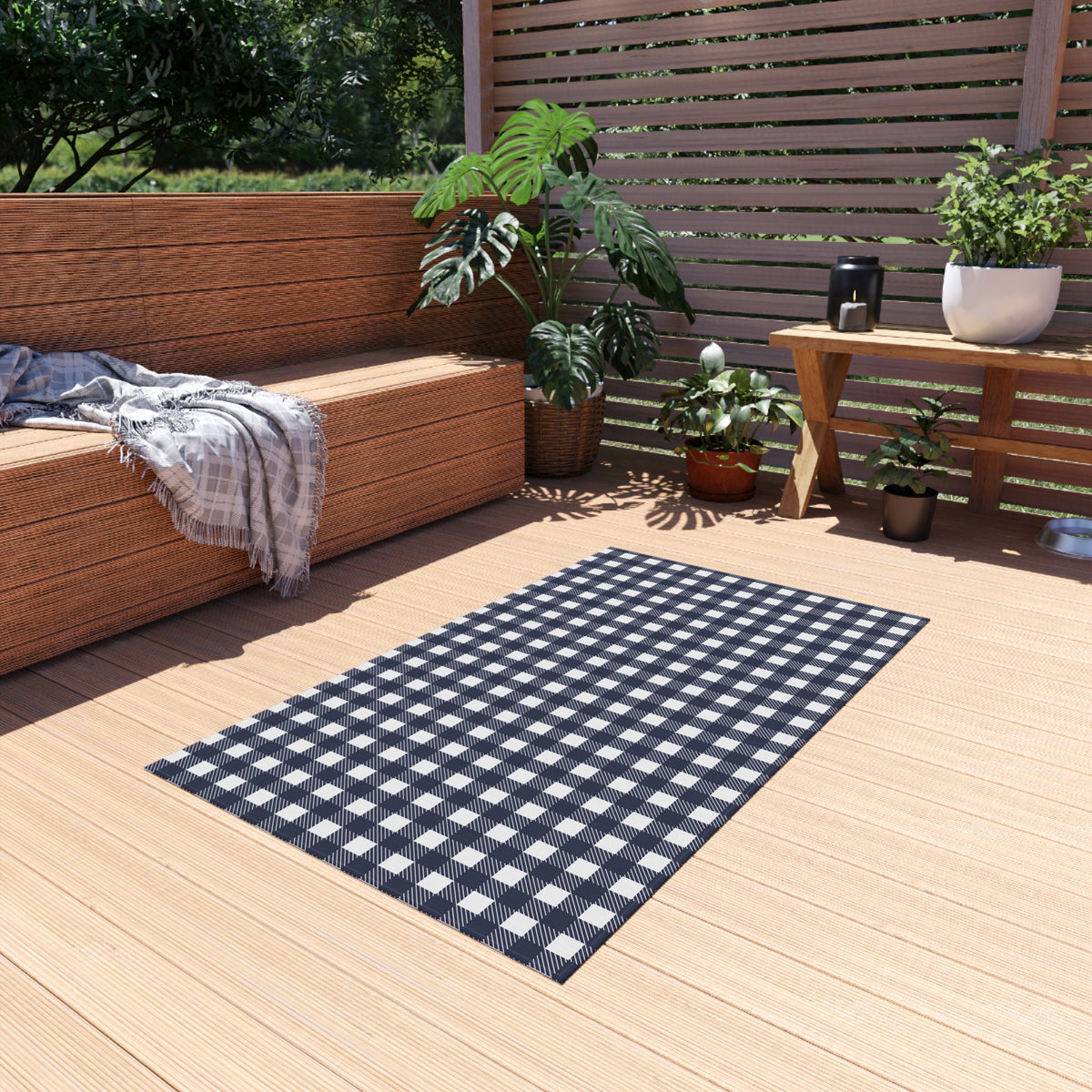 Navy and white buffalo check outdoor rug — soft polyester chenille with a non-slip backing