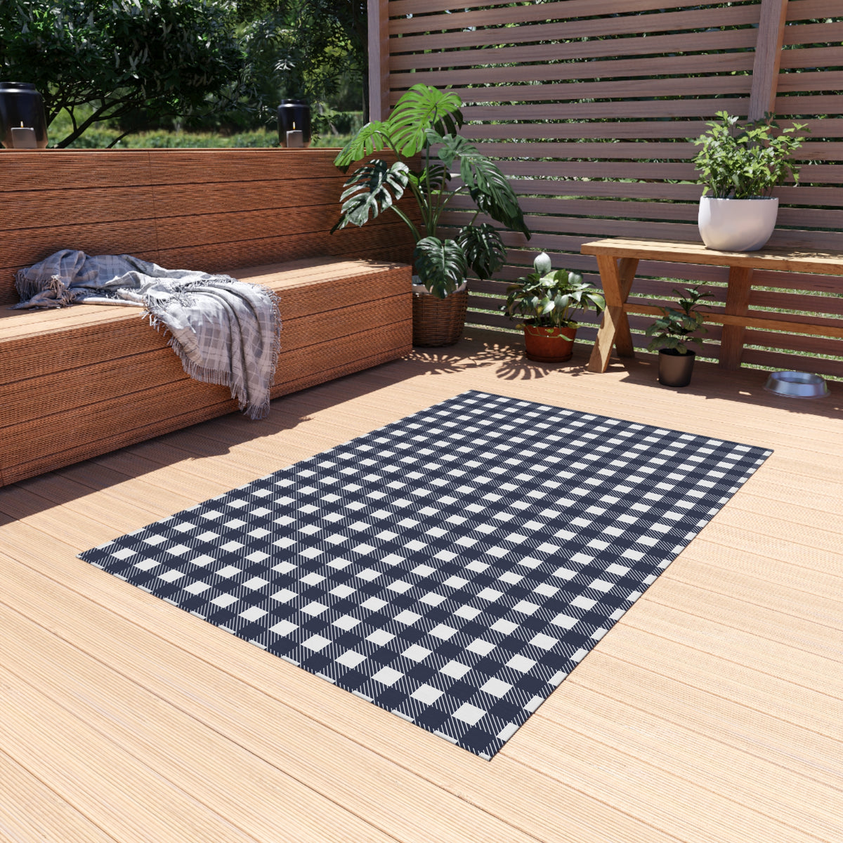 Navy and white buffalo check outdoor rug — soft polyester chenille with a non-slip backing
