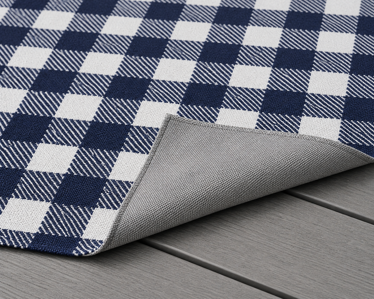 Navy and white buffalo check outdoor rug — soft polyester chenille with a non-slip backing