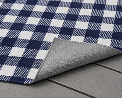 Navy and white buffalo check outdoor rug — soft polyester chenille with a non-slip backing