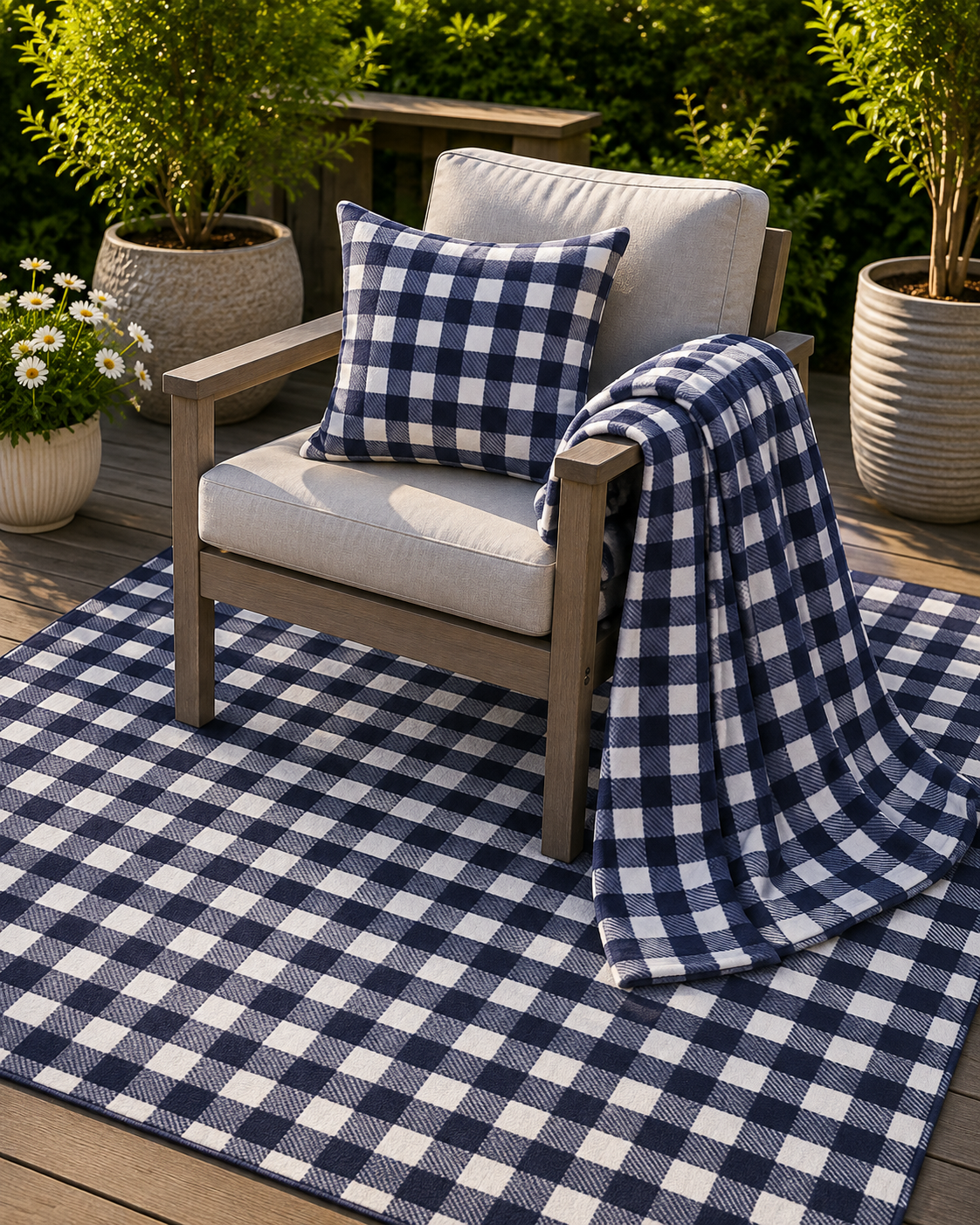 Navy and white buffalo check outdoor rug — soft polyester chenille with a non-slip backing
