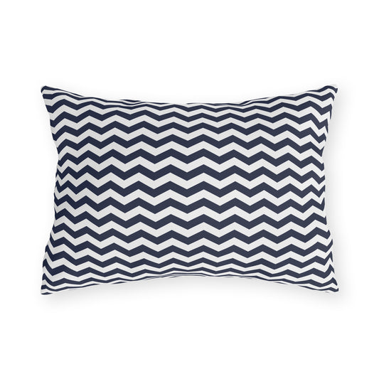 Navy and white chevron lumbar outdoor pillow — spun polyester, UV and water resistant