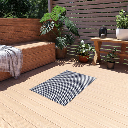 Navy and white chevron outdoor rug — soft polyester chenille with a non-slip backing