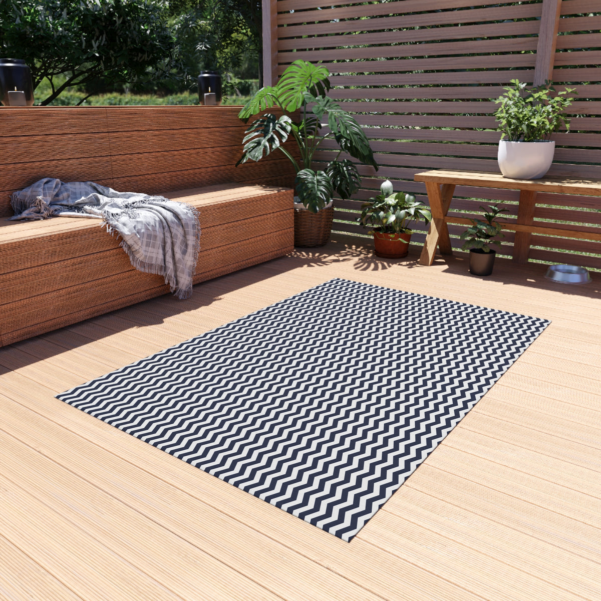 Navy and white chevron outdoor rug — soft polyester chenille with a non-slip backing