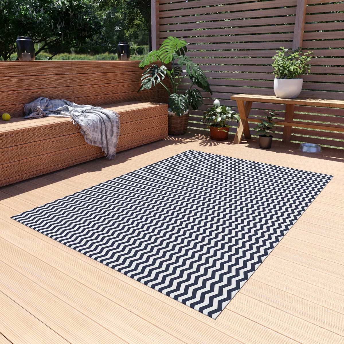 Navy and white chevron outdoor rug — soft polyester chenille with a non-slip backing