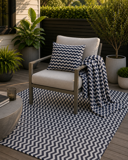 Navy and white chevron outdoor rug — soft polyester chenille with a non-slip backing