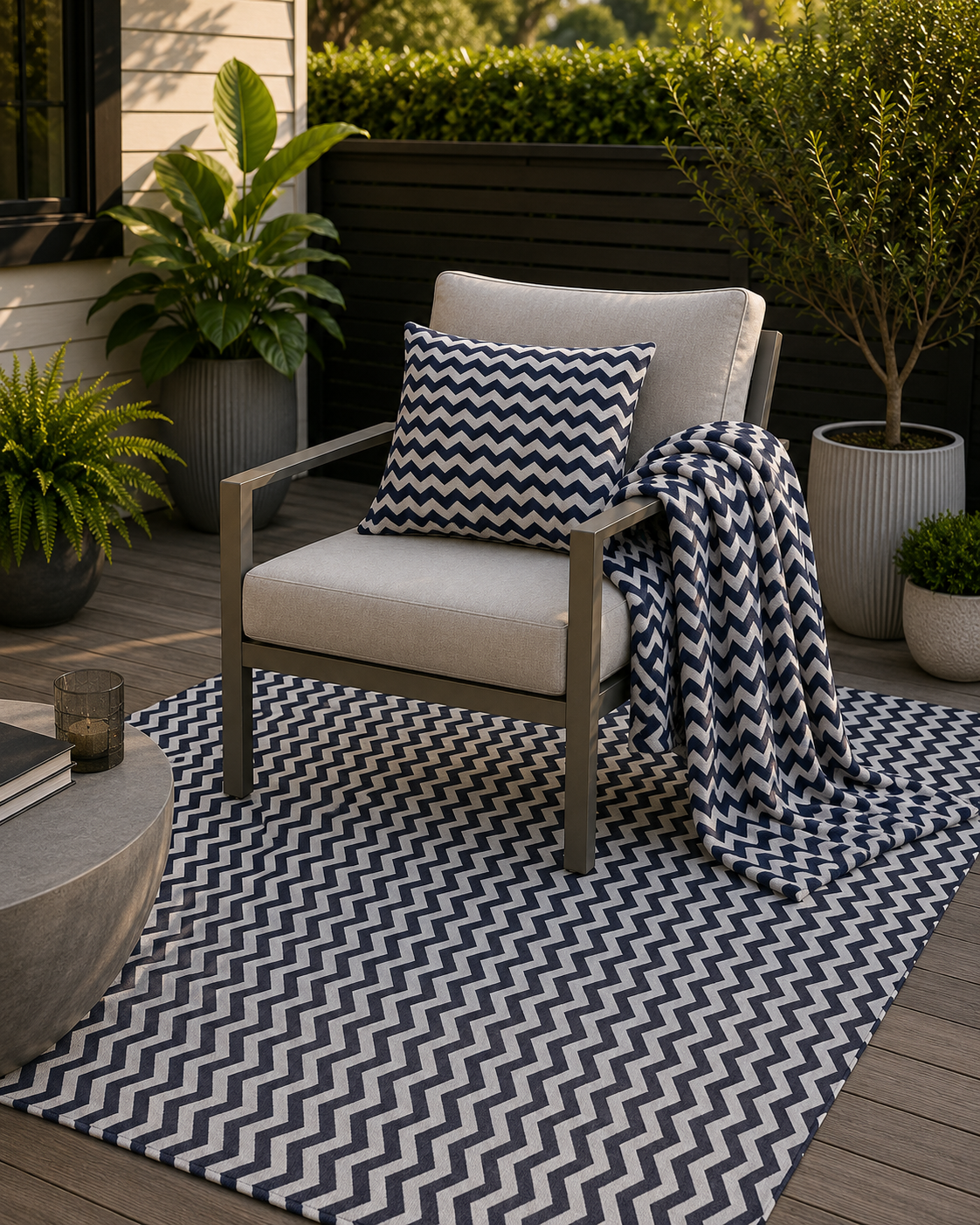 Navy and white chevron outdoor pillow — spun polyester, UV and water resistant