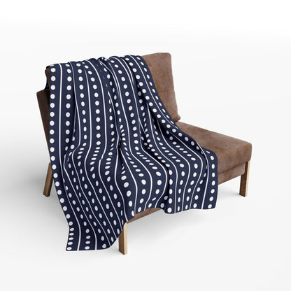 Navy and white dot stripe outdoor fleece blanket — 315 gsm polyester fleece, soft on both sides