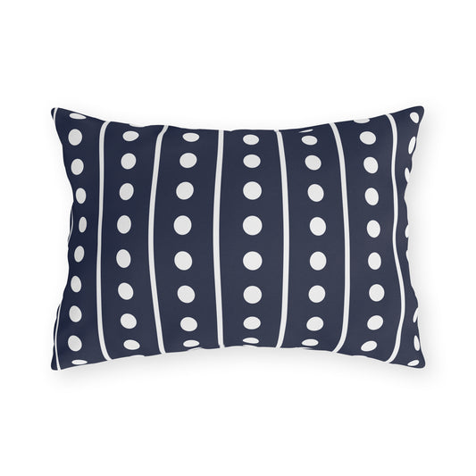 Navy and white dot stripe lumbar outdoor pillow — spun polyester, UV and water resistant