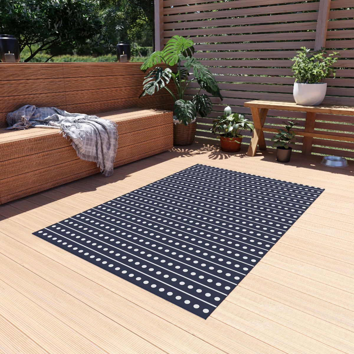 Navy and white dot stripe outdoor rug — soft polyester chenille with a non-slip backing