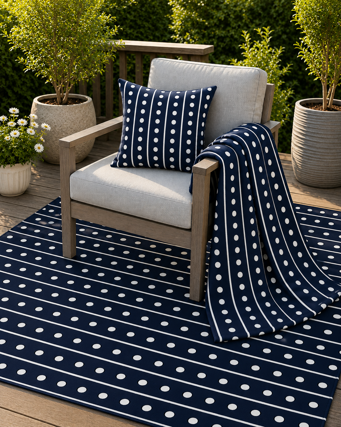 Navy and white dot stripe outdoor rug — soft polyester chenille with a non-slip backing