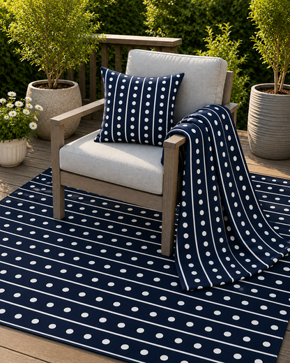 Navy and white dot stripe outdoor rug — soft polyester chenille with a non-slip backing