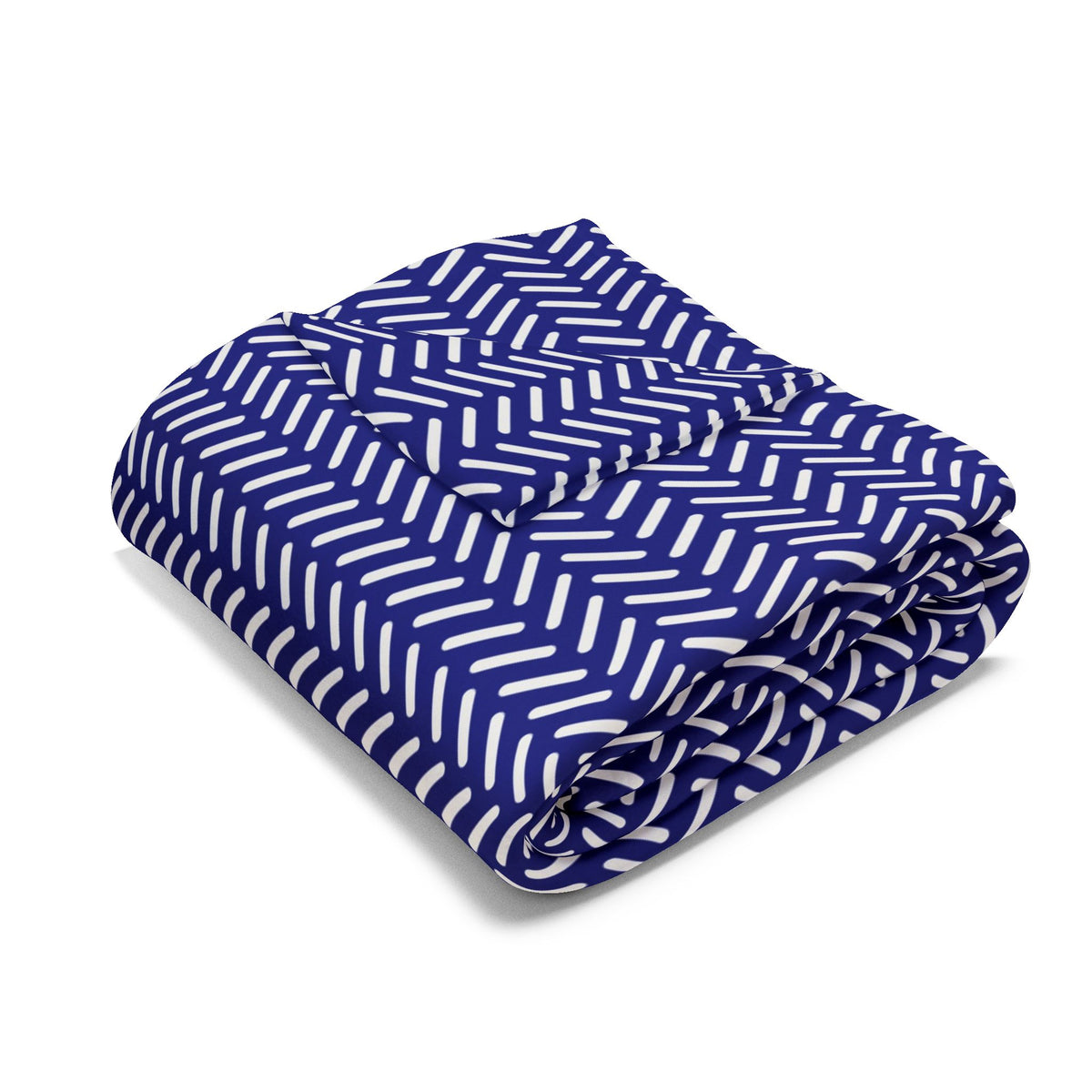 Navy and white herringbone outdoor fleece blanket — 315 gsm polyester fleece, soft on both sides