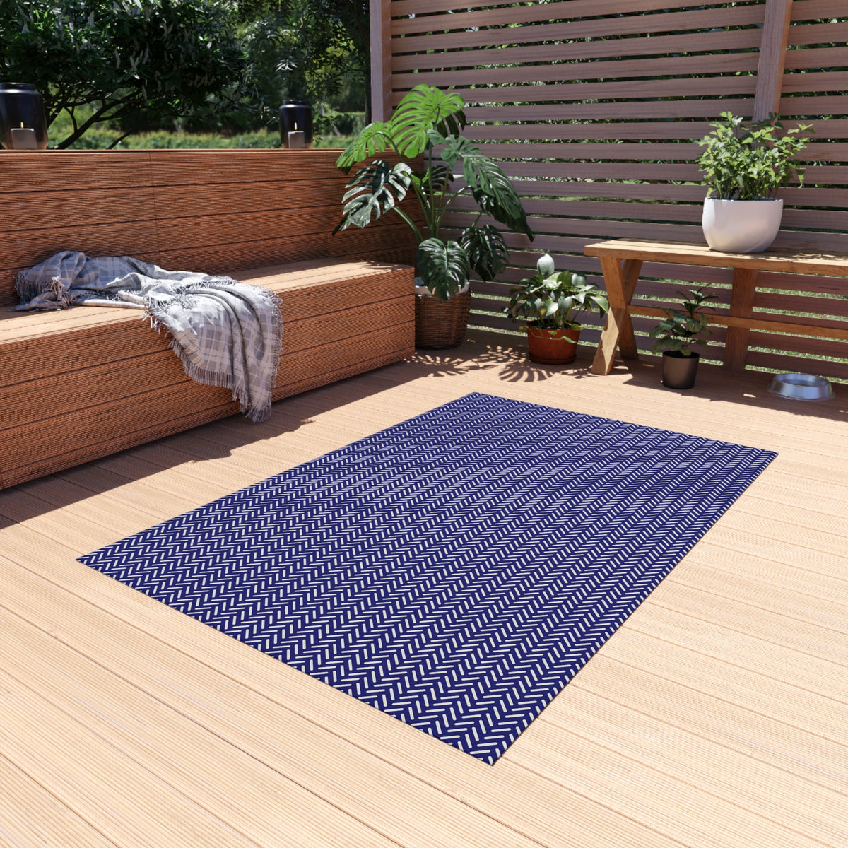 Navy and white herringbone outdoor rug — soft polyester chenille with a non-slip backing