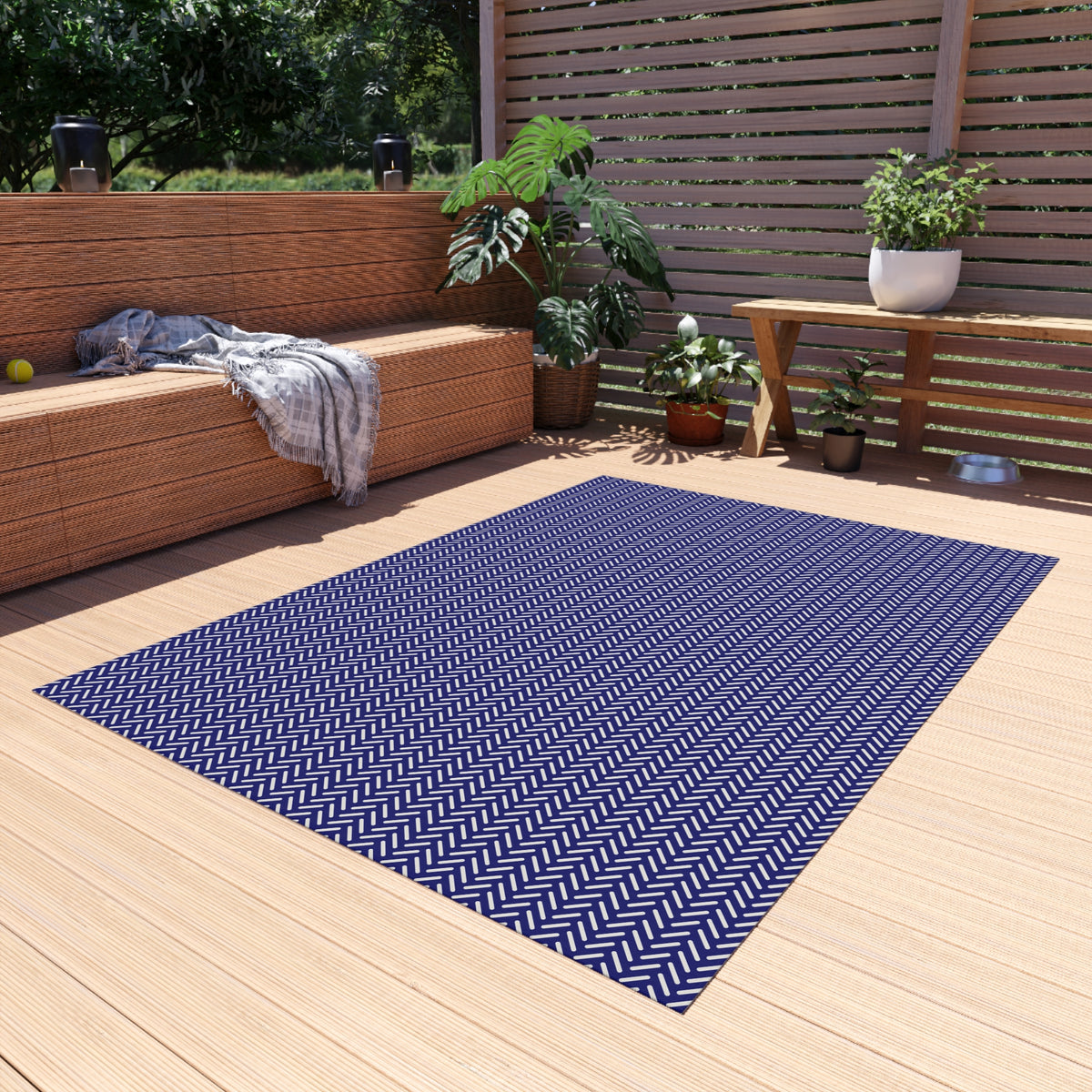 Navy and white herringbone outdoor rug — soft polyester chenille with a non-slip backing