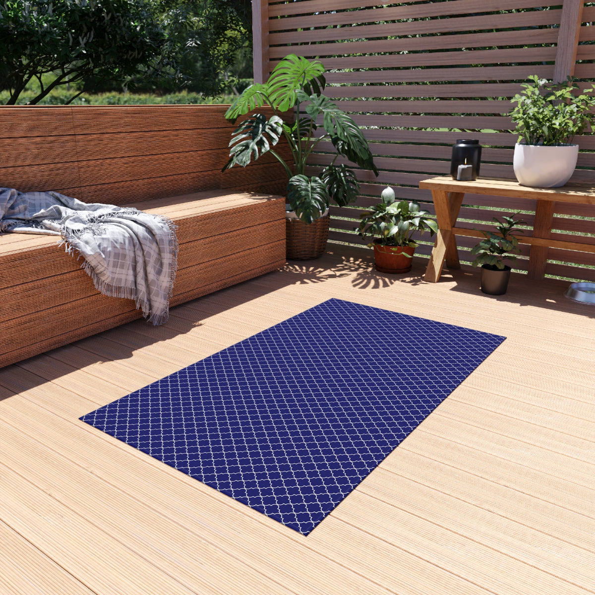 Navy and white Moroccan trellis outdoor rug — soft polyester chenille with a non-slip backing