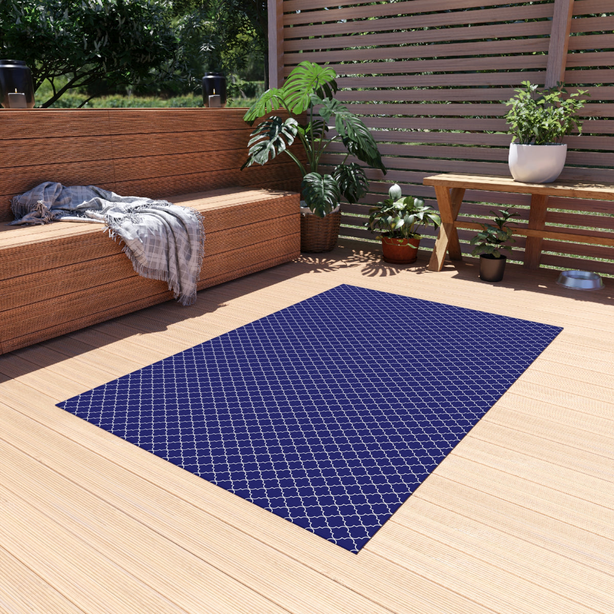 Navy and white Moroccan trellis outdoor rug — soft polyester chenille with a non-slip backing