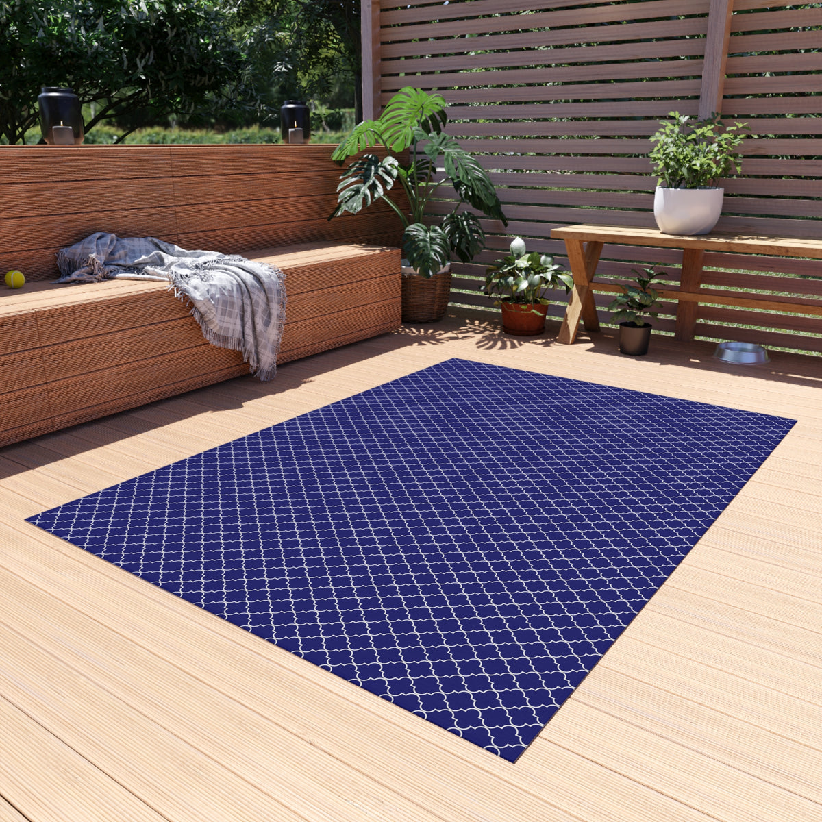 Navy and white Moroccan trellis outdoor rug — soft polyester chenille with a non-slip backing